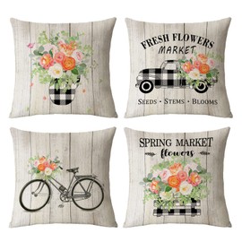 Hello Spring Pillow Covers 20x20 Set of 4 Floral Throw Pillow Covers Spring Summer Decorative Cushion Covers Truck Biycle Flower Pillow Cases for Home Sofa Couch Outdoor Decor (20 by 20)