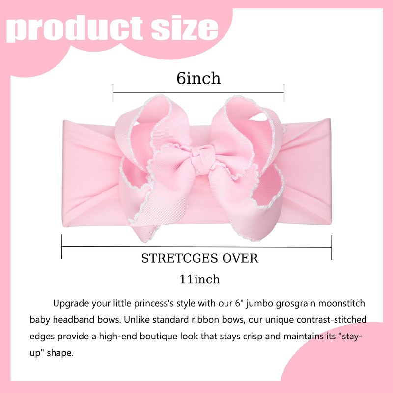 JOYFUNFABU 6'' Jumbo Pink Baby Girls Bow Headbands, Soft Nylon