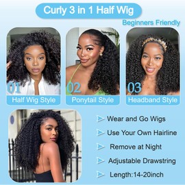 Kinky Curly Half Wigs Human Hair 180 Density 3 In 1 Seamless Flip Over Half Wigs Afro Kinky Burmese Curly Deep Water Wave Glueless Wear and Go Wig Drawstring Headband Ponytail Wig for Women 14 Inch