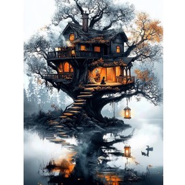 KEYIFA 5D Diamond Art Wooden House, DIY Diamond Painting Kits for Adults, Round Full Drill, Darkness Diamonds Dots Mosaic Painting, Crystal Gem Arts Craft for Home Wall Decor 12x16 in