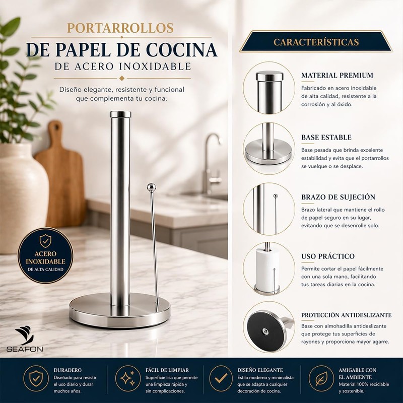 SEAFON Portarrollos Papel Cocina 33 cm Acero Inoxidable Brazo de
