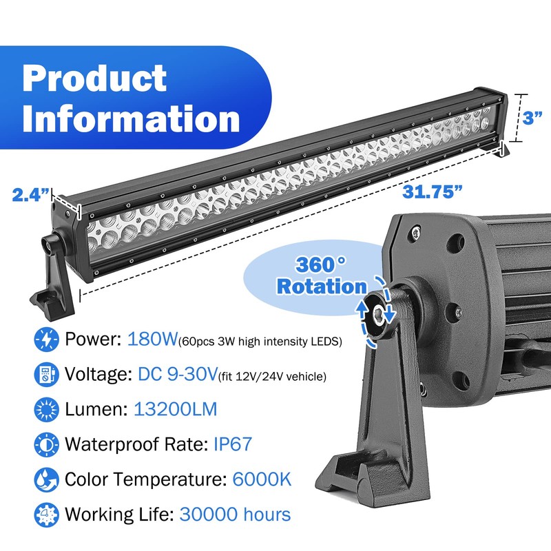 Mofun 180W 32" LED Light Bar w/Remote Switch Wiring Kit