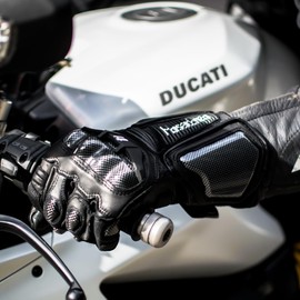 Harssidanzar Leather Motorcycle Gloves Men and Women,Powersports Carbon Fiber Knuckle Protection Motorbike Gloves KM045UK,Black,Size L