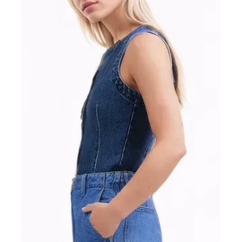 D-Sun Women Denim Vest Sleeveless Crewneck Button Down Jean Waistcoat Casual Front Slit Slim Denim Tank Top