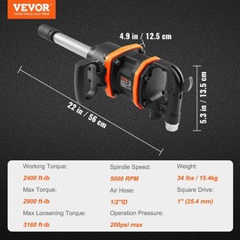 VEVOR professinal 1 Inch Air Impact Wrench, Up to 3160 ft-lbs High Reverse Torque Output 1" Pneumatic Impact Gun w/ 8 Inch Extended Anvil & Carrying Case for Heavy Duty Repairs and Maintenancetorque， High-Torque Impact Wrench:_3160 ft