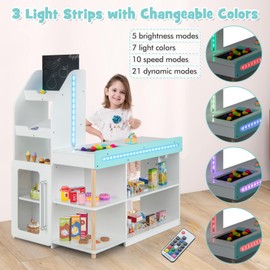 INFANS Kids Grocery Store Playset, Wooden Pretend Play Supermarket with LED Lights Manual Conveyor Belt Play Food Accessories Blackboard Cash Register, Market Stand Toy for Toddler Boys Girls