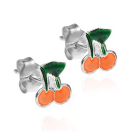 AeraVida Adorable Small Orange Cherry Enamel Sterling Silver Stud Earrings | Cute Fashion | Gift for Daughter | 10mmx15mm