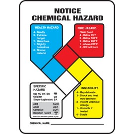 Accuform ZFD806VS Adhesive Vinyl Safety Sign, Legend "Notice Chemical Hazard" with NFPA Diamond Graphic, 10" Length x 7" Width x 0.004" Thickness, Blue/Red/Yellow/Black on White