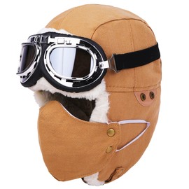 Lapset Pilot Cap, Fumofu Flying Hat, Flight Cap, Climbing Hat, Cold Weather Hat, Fleece Lined, Stylish, Mask Included, Unisex, 4 Colors, Beige with Goggles