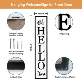 Surfapans Oh Hello There Welcome Sign For Front Porch Standing 45"X9" Tall Wood Frame Outdoor Vertical Decor for Farmhouse Rustic Large Modern Home Outside Front Door Wall Decorations (Black)