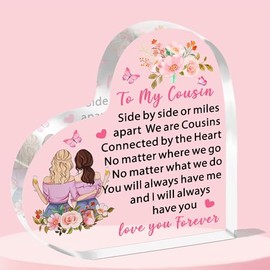 JETTOP Cousin Gifts for Women- Gifts for Cousin Birthday Christmas Female Girls Heart Plaque Acrylic Cousins Connected By Heart