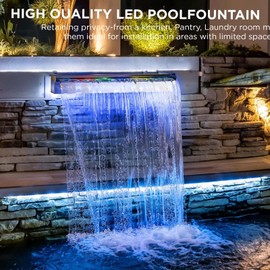 Kfpmx Pool Fountain Stainless Steel Waterfall with LED Lights - 35.4" LED Strip Remote Control with 18 Colors, Smooth Water Flow & Cascade Blade, Easy Installation for Outdoor, Garden, Patio & Ponds
