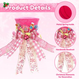 GQIRIL Christmas Tree Topper Hat - Xmas Tree Topper Top Decoration, Merry Christmas Velvet Hat with Pink White Buffalo Plaid Bow Ribbon, Winter Theme Ornament Decor for Home Holiday Party Supplies