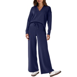 Glamaker Womens Sets 2 Piece Outfits Long Sleeve Polo V Neck Air Essentials Tracksuit Travel Set Women Clothes (Navy Blue M)