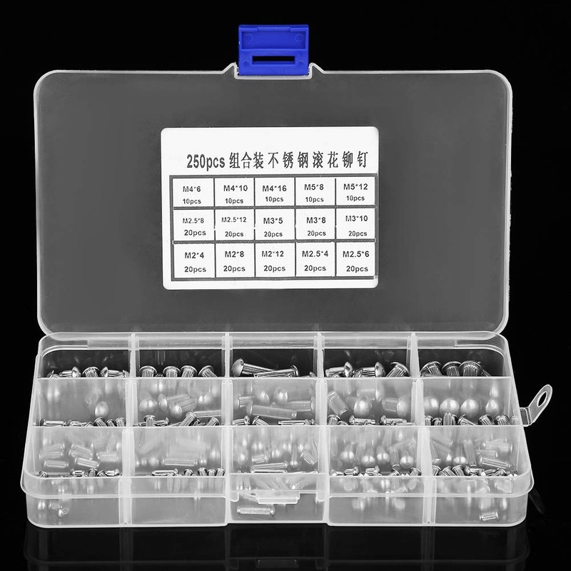 LiebeWH 250pcs Full Rivets, M2-M5 Stainless Steel Round Head Knurled