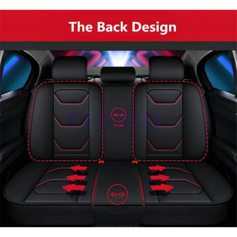 Black Red PU Leather Car Seat Cover Front + Rear