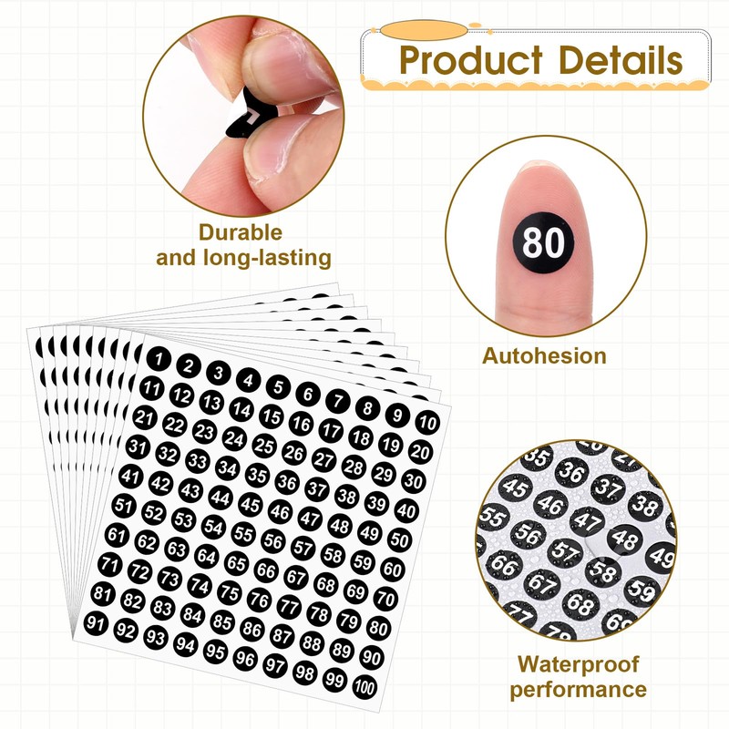1-100 Round Number Stickers, 10 Sheets Consecutive Labels, Self-Adhesive 0.4"