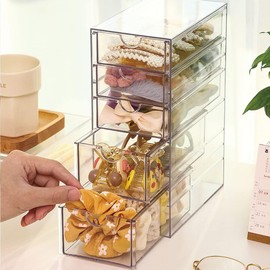 Caja organizadora de accesorios para el cabello transparente con 5 cajones, contenedor para corbatas de pelo para baño, clóset, computadora, oficina (5 cajones)
