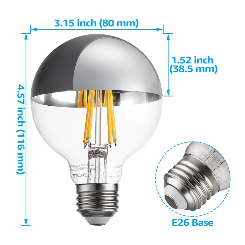 TorchStar 7W Dimmable G25 Half Chrome LED Light Bulb, UL