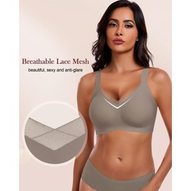 HORISUN Women's Without Underwire Bra, Comfort Seamless Push Up Bralette with Strong Hold Mesh Lace Bustier for Large Breasts Non-Wired Bra (Brown 2XL)