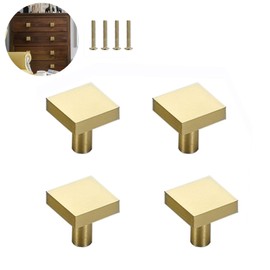 4Pcs Solid Brass Square Knobs, Single Hole Small Knobs Handle, Kitchen Door Drawer Handles Furniture Hardware Handles for Cupboard, Desk, Drawer, Dresser Drawer, Gold (20 x 20mm)