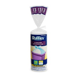 Ruffies Tall Kitchen Bags - 13 Gallon, 20 Bags, .6 Mil, Wing Tie, Unscented, White Color, Pack of 1