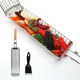 Large Grill Basket for BBQ Camping Picnic, 304 Stainless Steel Rolling Grill Net with Removable Wooden Locking Handle, Outdoor Grilling Accessories with Grill Cleaning Brush,for Fish, Meat, Vegetables, Gifts for Men & Grill Enthusiasts