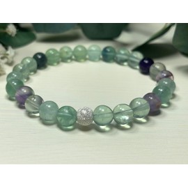Majas Perlen Fluorit Armband Natursteine echt 8mm 925er Sterling Silber 7mm facettiert - Größe 16 bis 18cm - Handmade Perlenarmband Intuition Konzentration Selbstvertrauen - Spiritueller Schmuck