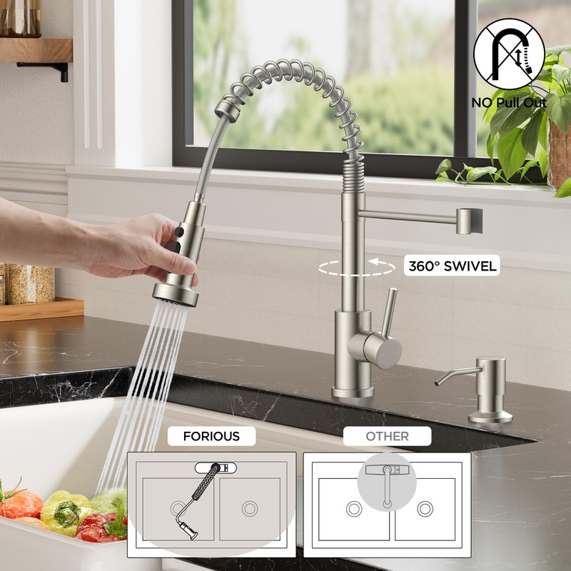 FORIOUS Kitchen Faucet with Soap Dispenser, Brushed Nickel Stainless Steel