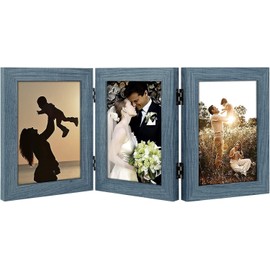Golden State Art, 5x7 Three Picture Frame Trifold Hinged Photo Frame with 3 Openings, Desk Top Family Picture Collage, with Real Glass (5x7 Triple, Blue, 1-Pack)