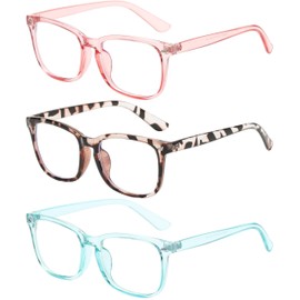 OWL 3 Pack Blue Light Blocking Glasses, Unisex Square Adult Screen Time Fake Eyeglasses, Womens Mens Computer and Gaming Specs with Microfiber Pouches (Pink, Leopard, Blue)