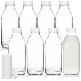 KEYWING 8 Pack 32oz Glass Milk Bottles with Airtight Lids – Reusable, Leak-proof Milk Containers – Dishwasher Safe, Food Grade Glass Bottles – Ideal for Milk, Juice, Water, and Fridge Storage