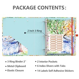 3 Ring Binder 2 Inch Ring, 2 Interior Pockets, 6 Tab Dividers, Low Profile Clipboard with Storage, Fashion Cute Binder and Labels Stickers for School Office (Tree Seasons)