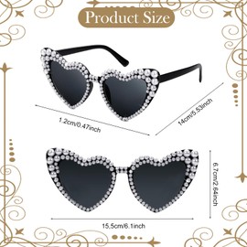 Heart Sunglasses, Heart Sunglasses, Heart Sunglasses Pearl, Sunglasses Heart, Sunglasses Wedding, Retro Heart Sunglasses Pearl, for Women's Weddings, Holiday Party Accessories (Black)
