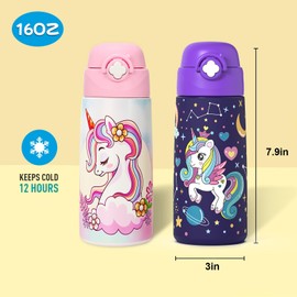 Girls Insulated Water Bottle with Covered Pop-Up Straw,16 oz Kids Cups with Stainless Steel Leak Proof for School（2 pack,Unicorn+Unicorn）