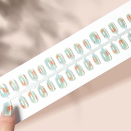 Oil Painting Flower Cat Eye Press on Nails for DIY Manicure 30Pcs Glossy Mint Green Cat Eye Acrylic False Nails Gradient Fake Nails Gel Glue on Nails Stick on Nails Short Square for Women Girls