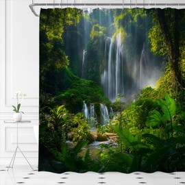 Rainforest Waterfall Shower Curtain Tropical Jungle Nature Green,72x72 inch