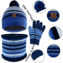 JFAN 3 Piece Knitted Hat Scarf Gloves Set for Children Winter Thick Fleece Thermal Hat Toddler Stripes Multicoloured Cap, blue striped
