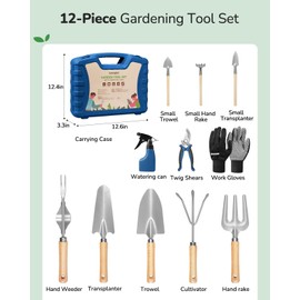 Grenebo 12-Piece Gardening Tool Set for Men, Rust-Proof & Heavy-Duty Hand Garden Tools with Sturdy Blue Carrying Case, Practical & Stylish Gardening Gifts for Men (Blue)