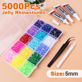 5000Pcs Resin Jelly Rhinestones for Bedazzling, 15 Colors 5mm Flatback Gems for Diamond Art, Bedazzler Kit with 3Pcs 10ml B7000 Jewelry Glue for Crafting Crafts Book Shoes Nail Art