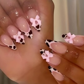 24pcs French Tip Press on Nails Medium Almond Pink Bow Fake Nails Reusable Leopard French Tip False Nails With Charms Design Glossy Stick on Nails Full Cover French Artificial Nails for Women Girl
