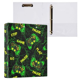 Vuiyean Bright Green Game Controller Gamer Binder 3 Ring 1.5 Inch Binder with Clipboard&Pockets, Hardcover Binders Heavy Duty Large File Folder for Office School Supplies - Holds 200 Sheets