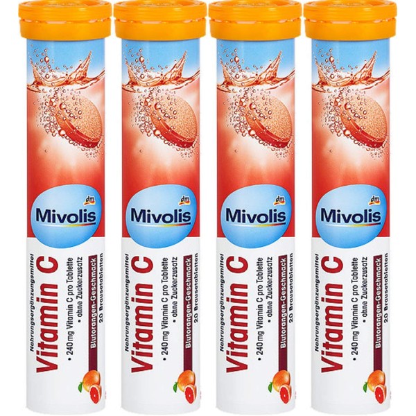 Mivolis Vitamin C effervescent Tablets - Dietary Supplements 4 Packs x 20 pcs | Germany