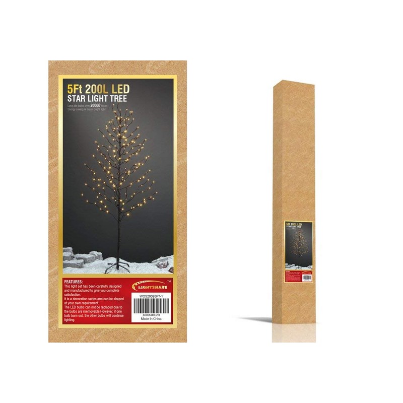 LIGHTSHARE 5Ft 200L Lighted Star Light,Warm White, Brown Branch