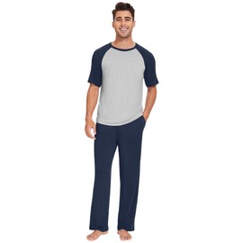 WiWi Men's Short Sleeve Pajamas Set Sleepwear Casual Soft Sleep Sets with Pockets Loungewear Viscose from Bamboo S-XXL, Navy Blue, Small