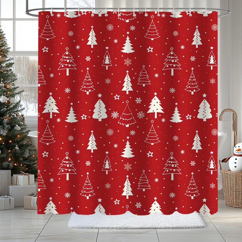 AIBIIN Red Christmas Shower Curtain Xmas Tree Snowflakes Bath Curtains