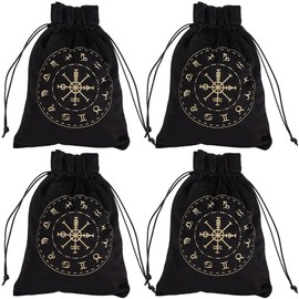 CREATCABIN 4Pcs Tarot Cards Storage Bags Velvet Drawstrings Bags Tarot Cards Holder Pouches Tarot Deck Bags Black The Zodiac Tarot Jewelry Wrap Bags for Crystals Witchcraft Rune Altar Gift 5x6Inch