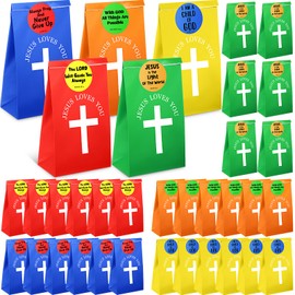 Kolldenn 30 Pcs Christian Gift Bags with Bible Stickers Jesus Loves You Gift Religious Goodie Bags Bulk for Jesus Birthday Church Activities Christian Party Favors Holiday Supplies Sunday School