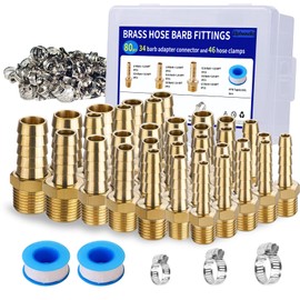 34Pcs Brass Hose Barb Fittings Kit - 3/16", 1/4", 5/16", 3/8", 1/2" Barb to 1/8", 1/4", 3/8" NPT Male Adapter with 46Pcs Clamps & 2 Teflon Tapes for Air Fuel Water Line
