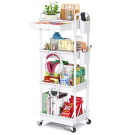 EaseSky 4 Tier Rolling Utility Cart with Drawer, Utility Storage Organizer with Plastic Shelf & Lockable Wheels Multifunctional Storage Cart for Kitchen, Bathroom, Office, Living Room, White
